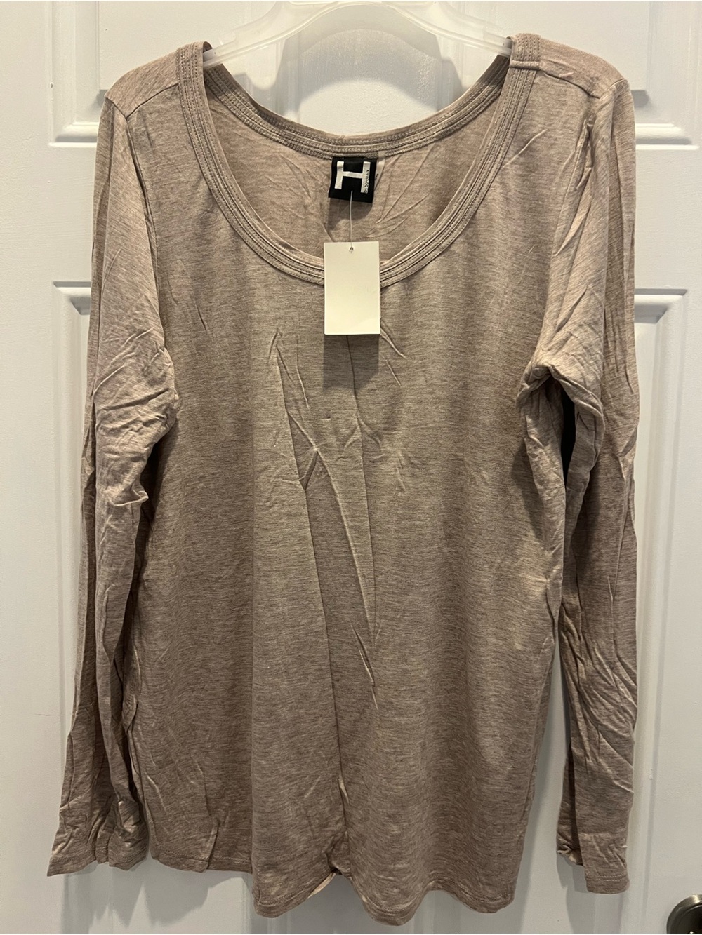 H BY Bordeaux Women's Beige Scoop-Neck Long Sleeve Knit T-Shirt Size XL #864